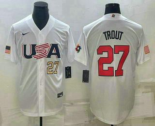 Men%27s USA Baseball #27 Mike Trout Number 2023 White World Baseball Classic Replica Stitched Jerseys